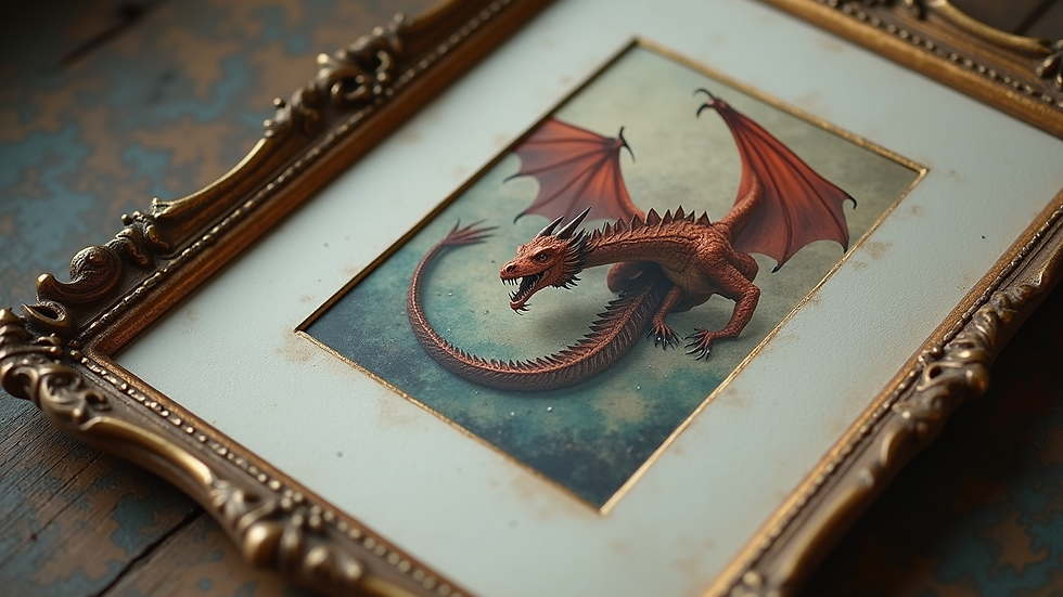 Close-up view of a framed fantasy art print featuring a dragon