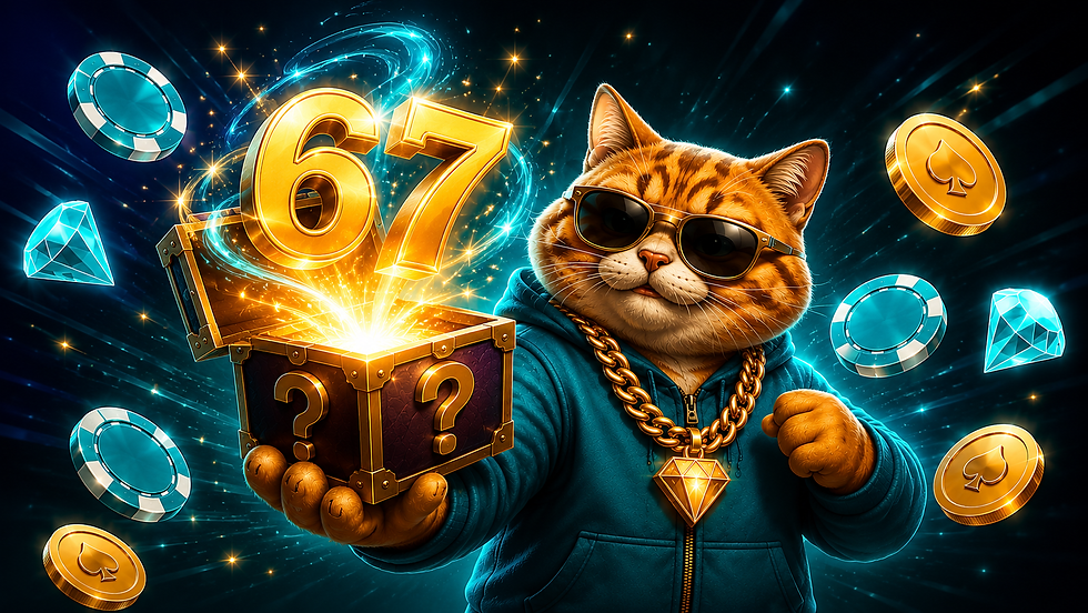 3D kissa kultaketjulla pitää taikalaatikkoa, josta numero 67 ilmestyy ulos neonvalojen, timanttien ja casinotyylin keskellä.
