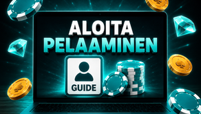 Aloita pelaaminen opas suomalaisille aloittelijoille – neon tyylinen nettikasino laptop banneri 3D timanteilla ja kasinoelementeillä.