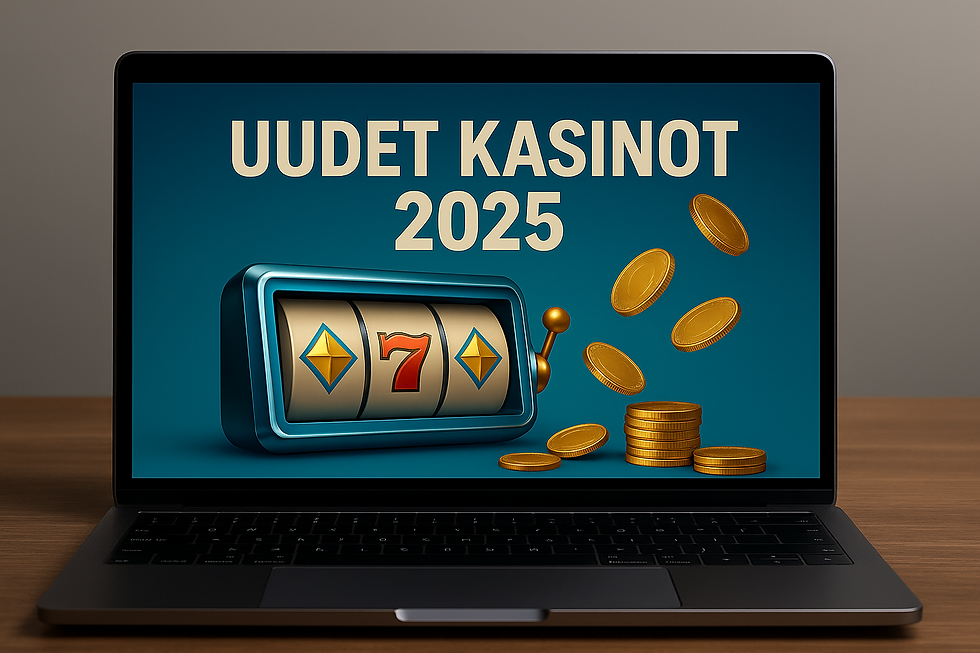 Kannettava tietokone, jonka näytöllä lukee “UUDET KASINOT 2025”. Näytöllä näkyy moderni kolikkopeli, jossa on futuristisia sinisiä sävyjä ja kultakolikoita lentämässä ulos ruudulta, symboloiden uusia kasinoita ja bonustrendejä suomalaisille pelaajille vuonna 2025.
