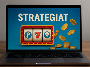 Kannettava tietokone, jonka näytöllä lukee “STRATEGIAT”. Näytössä näkyy kolikkopelin rullat ja kultakolikoita, symboloiden ilmaiskierrosten hyödyntämistä strategisesti suomalaisilla nettikasinoilla.