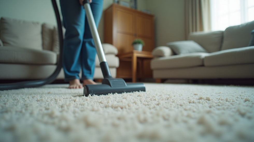 Close-up view of a professional cleaner vacuuming a carpet in a living room
