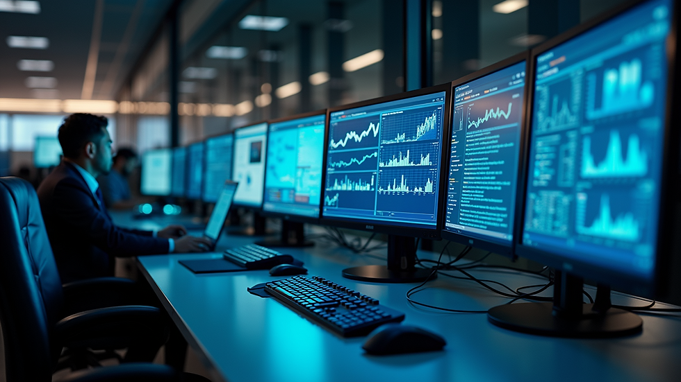 Eye-level view of a modern office workspace with multiple computer screens displaying security dashboards