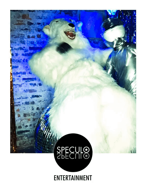 if of Polar Bear and Disco Alien in the gif booth at Alphabetti Theatre in Newcastle upon Tyne