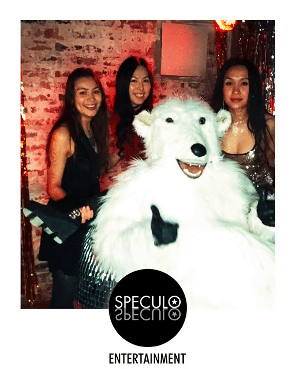 if of Polar Bear and 3 women in the gif booth at Alphabetti Theatre in Newcastle upon Tyne