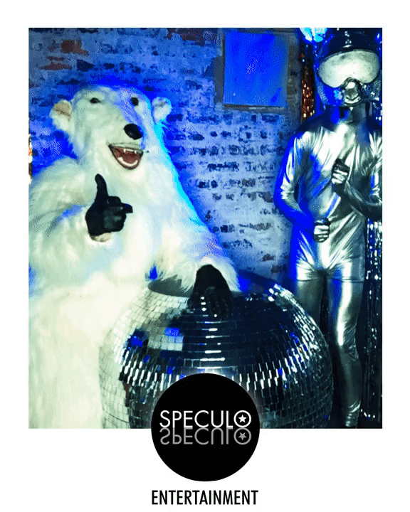 if of Polar Bear and Disco Alien in the gif booth at Alphabetti Theatre in Newcastle upon Tyne