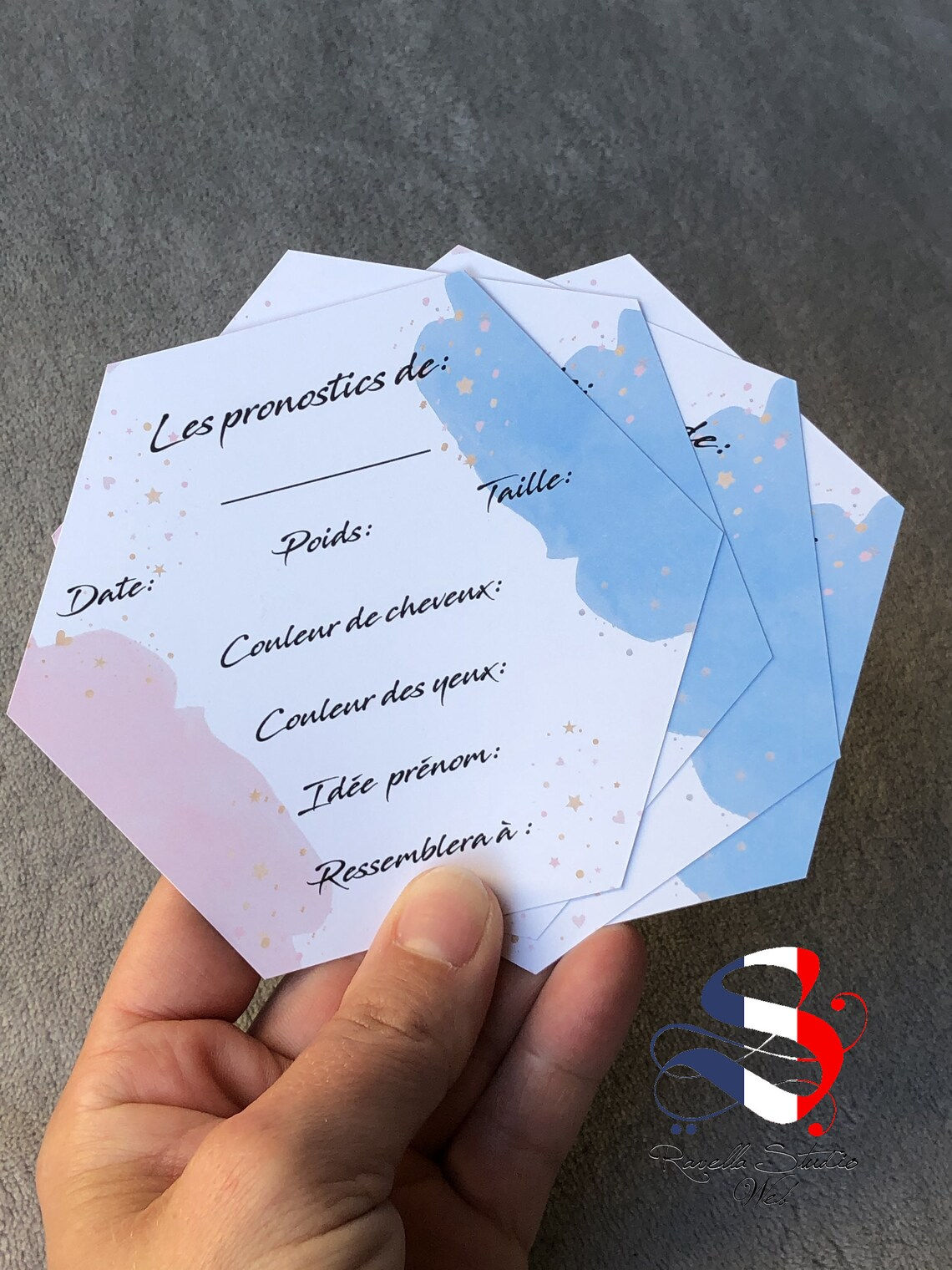 Lot de 4 cartes Pronostic Bébé personnalisées - Forme hexagone
