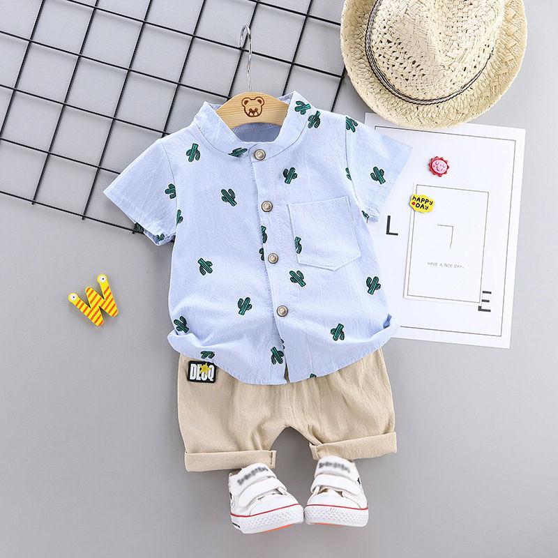 Infant Toddler Summer Full Print Cactus Pattern Short Sleeve Shirt And Shorts Se
