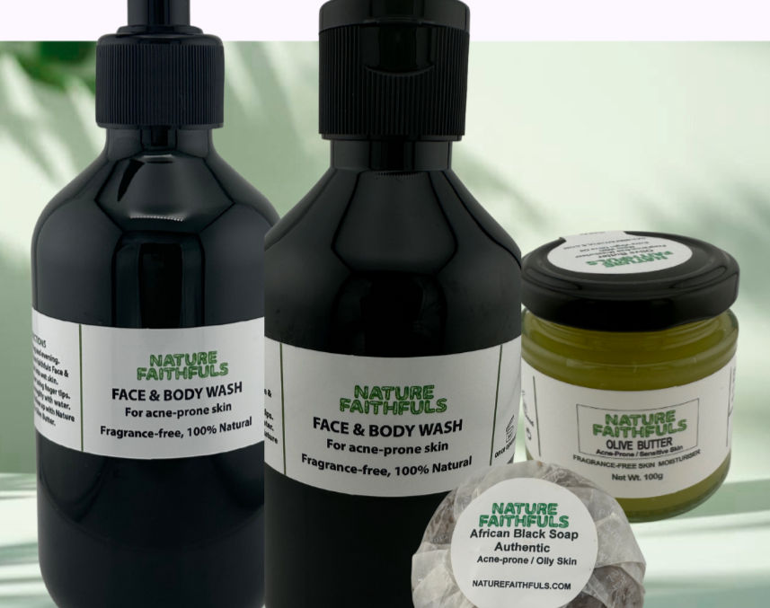 Fragrance-free Face and Body Wash- presented in dark green PET Plastic Bottles, with Pump or Flip head Cover; Authentic African Black Soap; Water-free, Fragrance-free Olive Butter Skin Moisturiser
