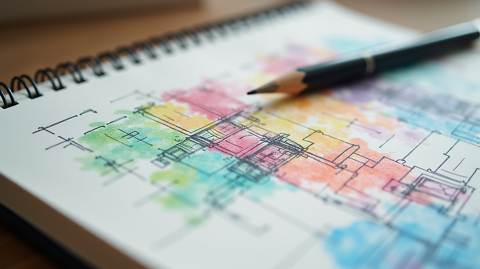 Close-up view of a sketchbook with colorful design drafts