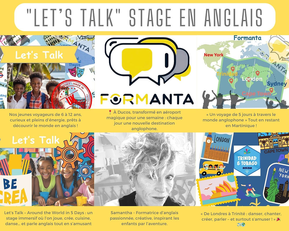Enfants de 7 à 12 ans apprenant l’anglais à travers le jeu et la créativité dans le cadre du stage Let’s Talk en Martinique.