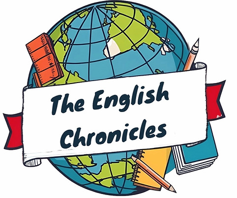 The English Chronicles logo featuring a globe, a red ribbon, and educational elements like a book, pencil, and ruler. A banner displays the blog title, representing global English learning and storytelling.