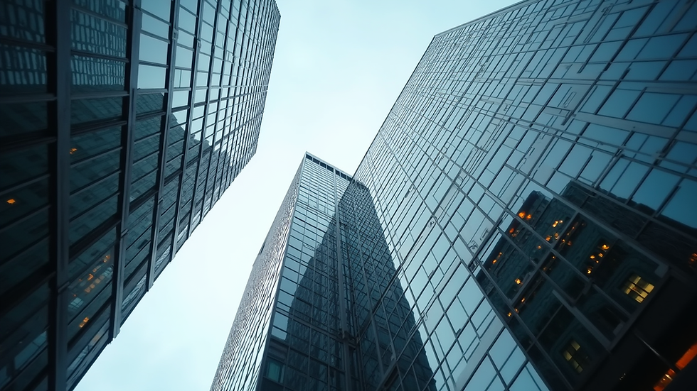 Eye-level view of a modern office building in a U.S. city