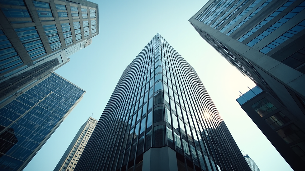 Eye-level view of a modern office building in a U.S. business district