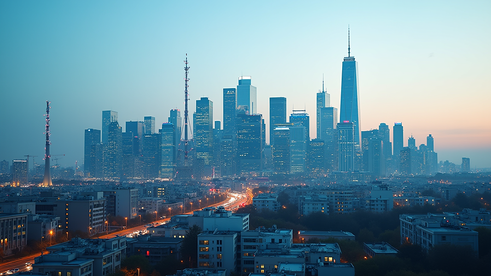 Eye-level view of a modern US city skyline with technology infrastructure elements