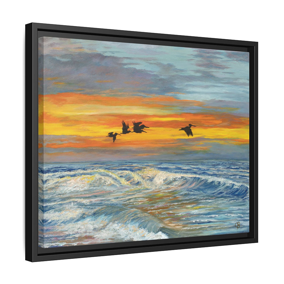 Thumbnail: Framed Pelicans Over The Ocean Sunset Original Oil Painting Print
