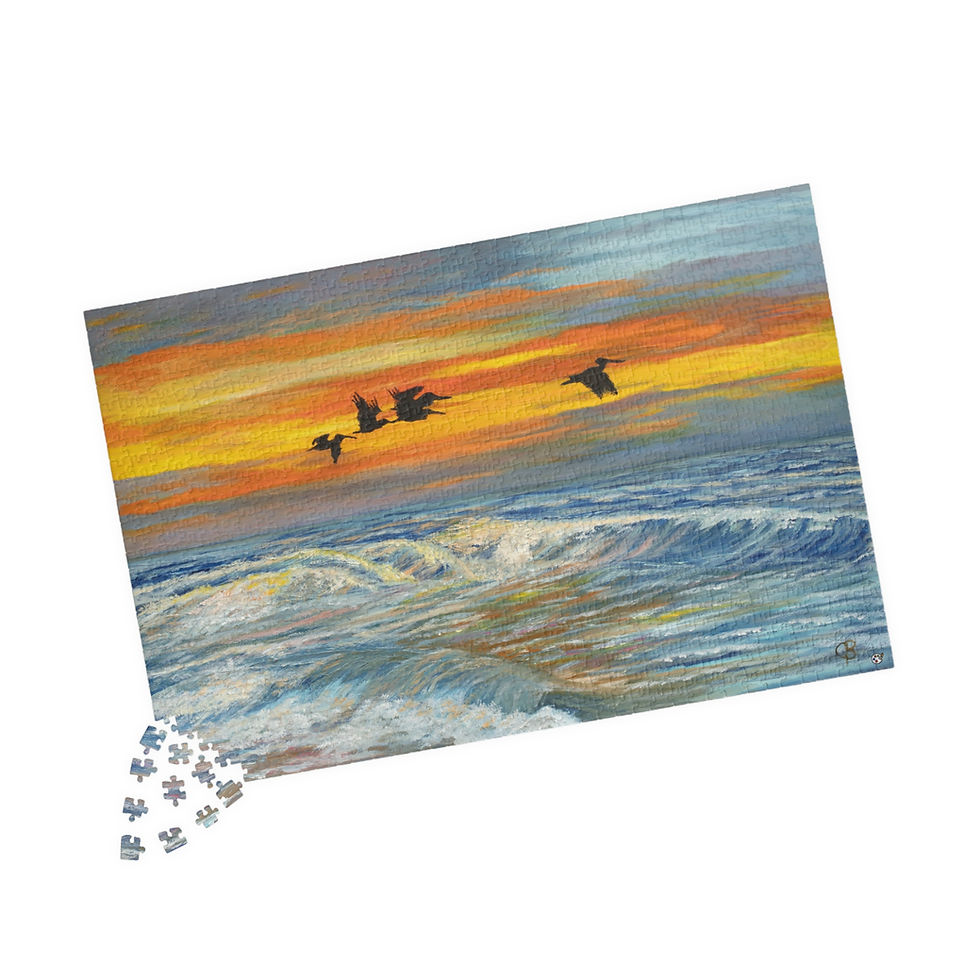 Thumbnail: Pelicans Over The Ocean Sunset Orig Oil Puzzle (110, 252, 520, 1014-piece)