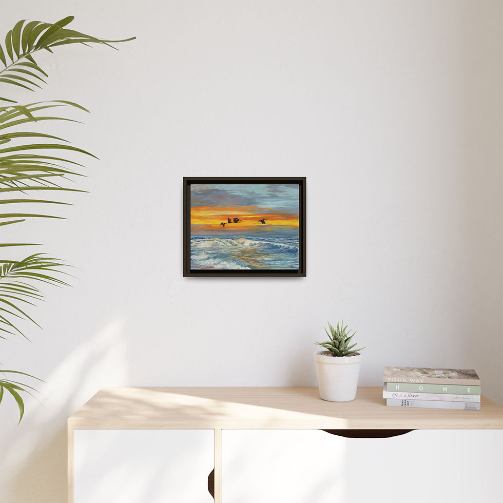 Thumbnail: Framed Pelicans Over The Ocean Sunset Original Oil Painting Print