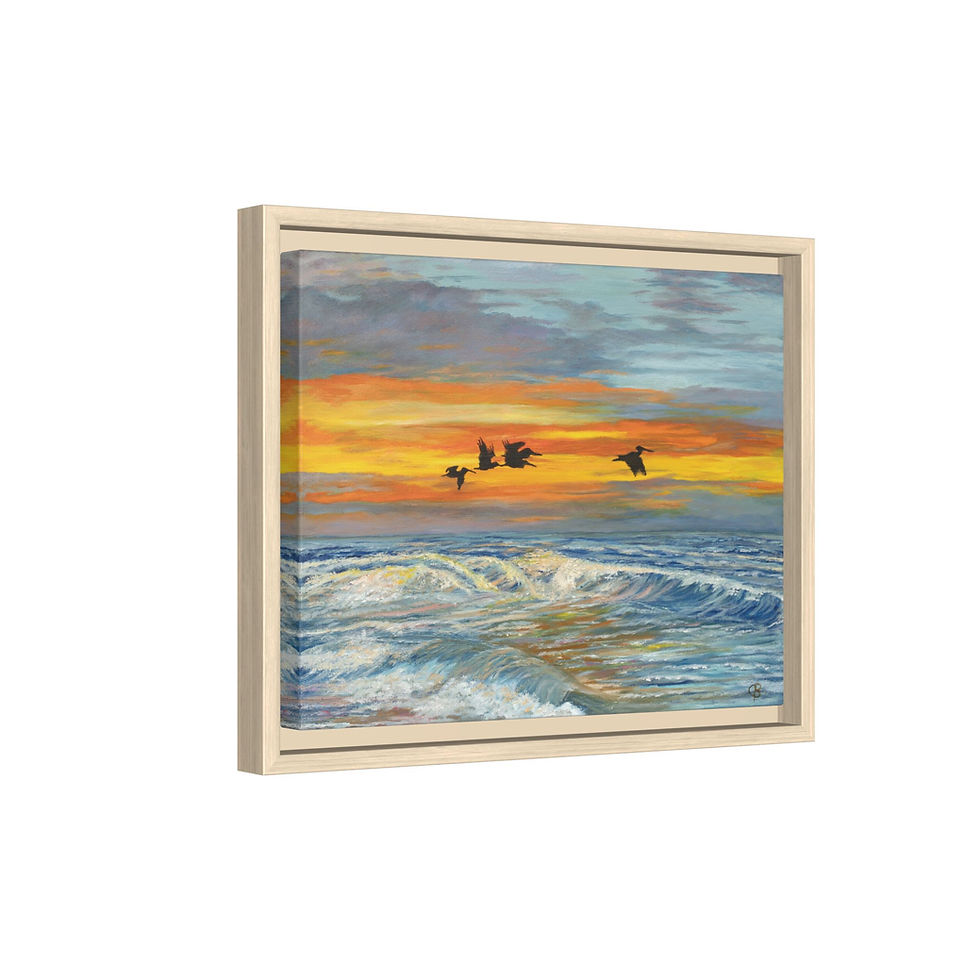 Thumbnail: Framed Pelicans Over The Ocean Sunset Original Oil Painting Print