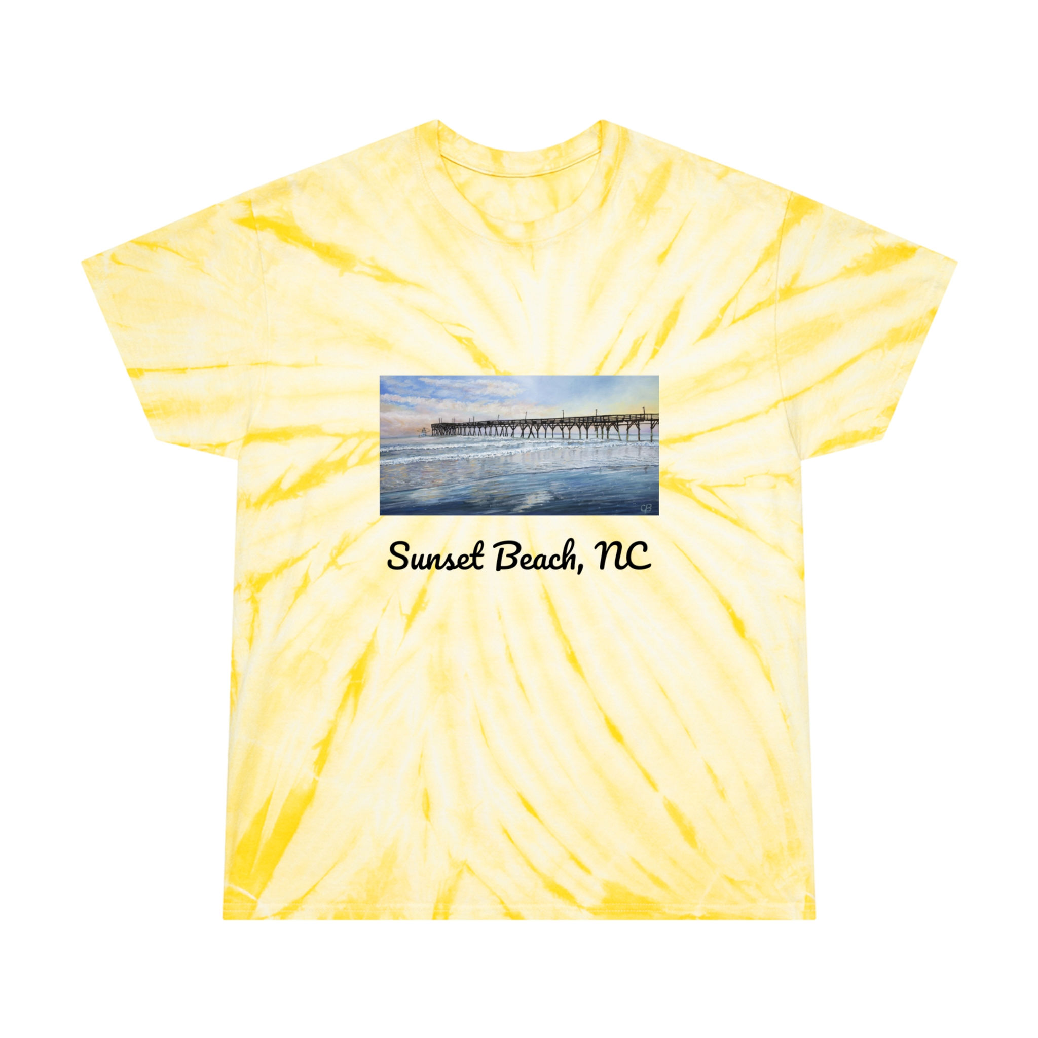 Sunset Beach Pier Original Oil Painting Print On A Tie-Dye Tee
