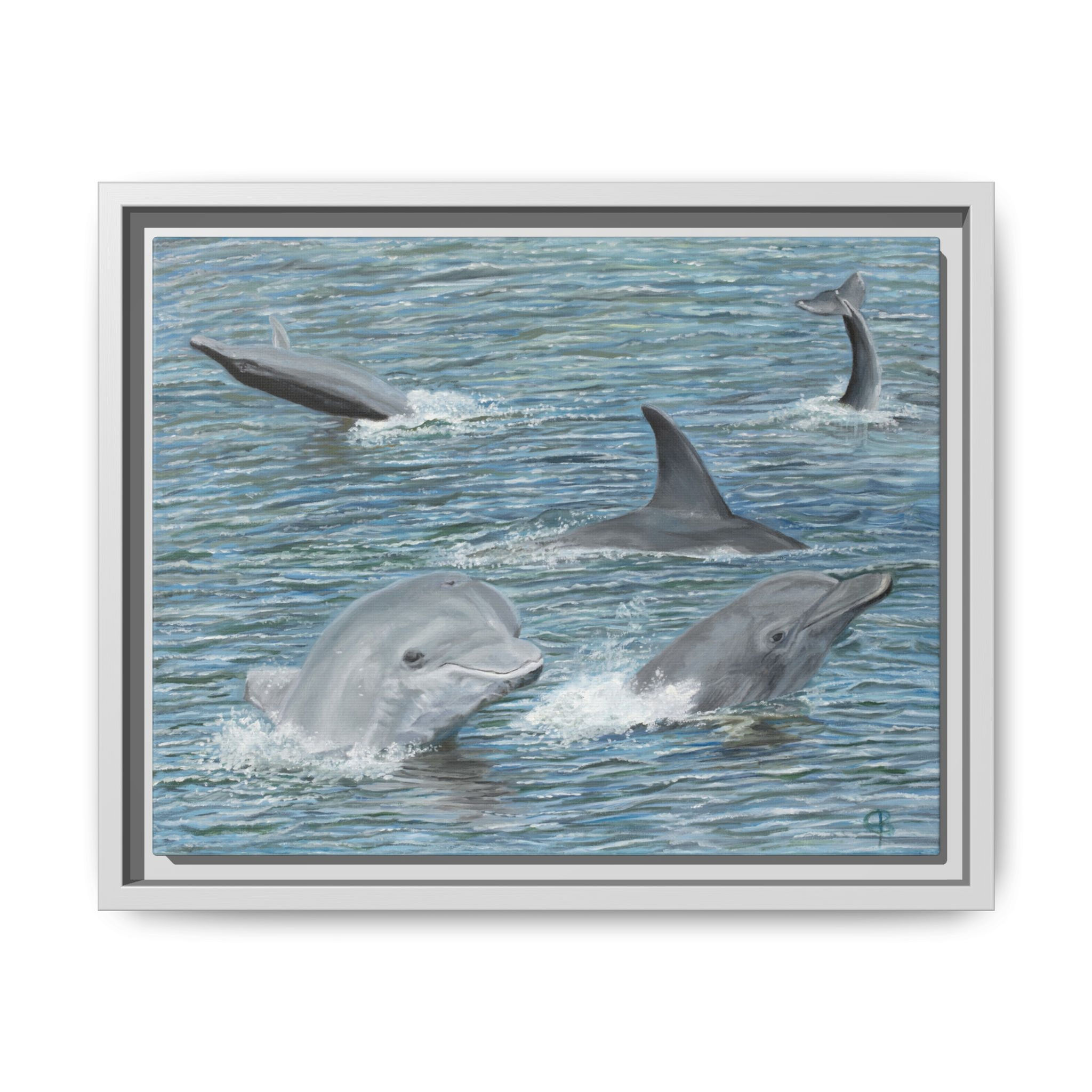 Framed Dolphins At Play Original Oil Painting Canvas Print