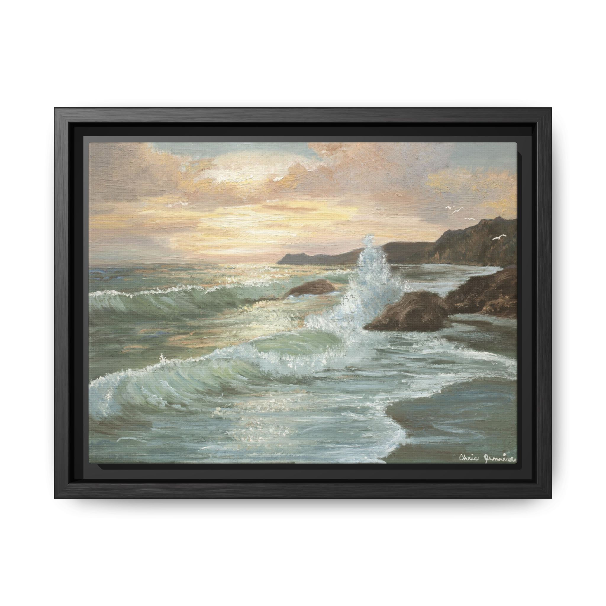 Framed Waves At Sunset Orig. Oil Painting Print