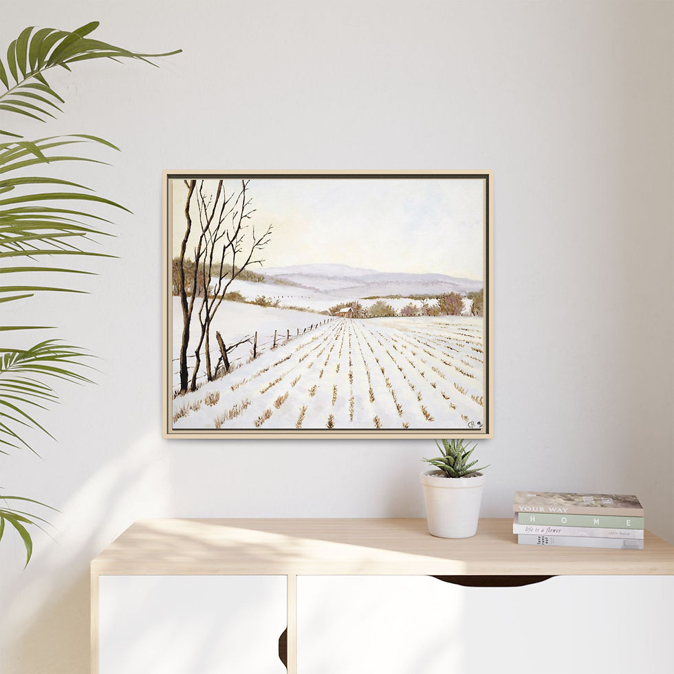 Thumbnail: Framed Snow on Field Country Landscape Orig Oil Painting Print