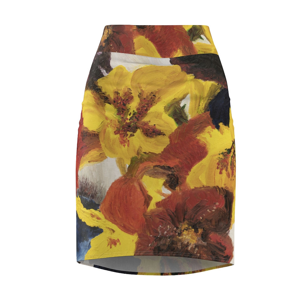 Thumbnail: Multicolor Floral Print Pot of Flowers Artwork On A Pencil Skirt