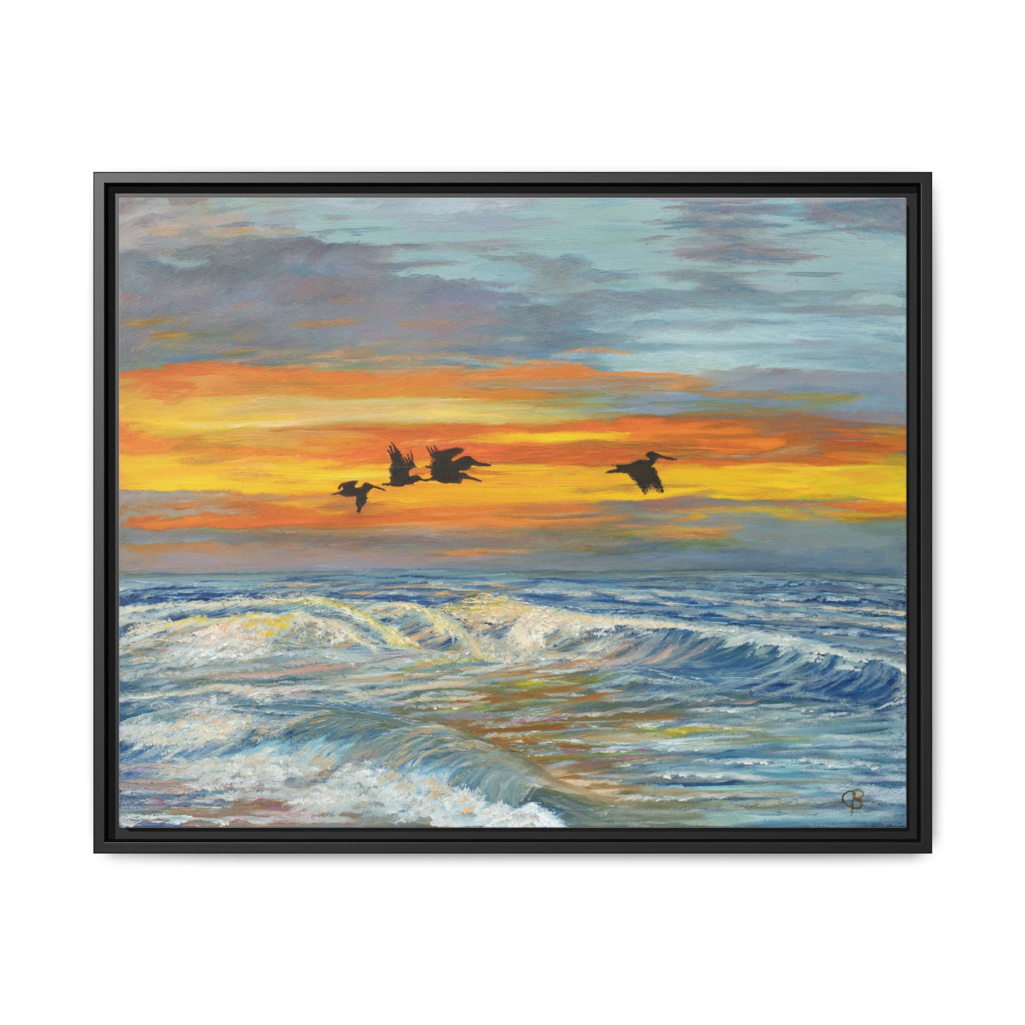 Framed Pelicans Over The Ocean Sunset Original Oil Painting Print