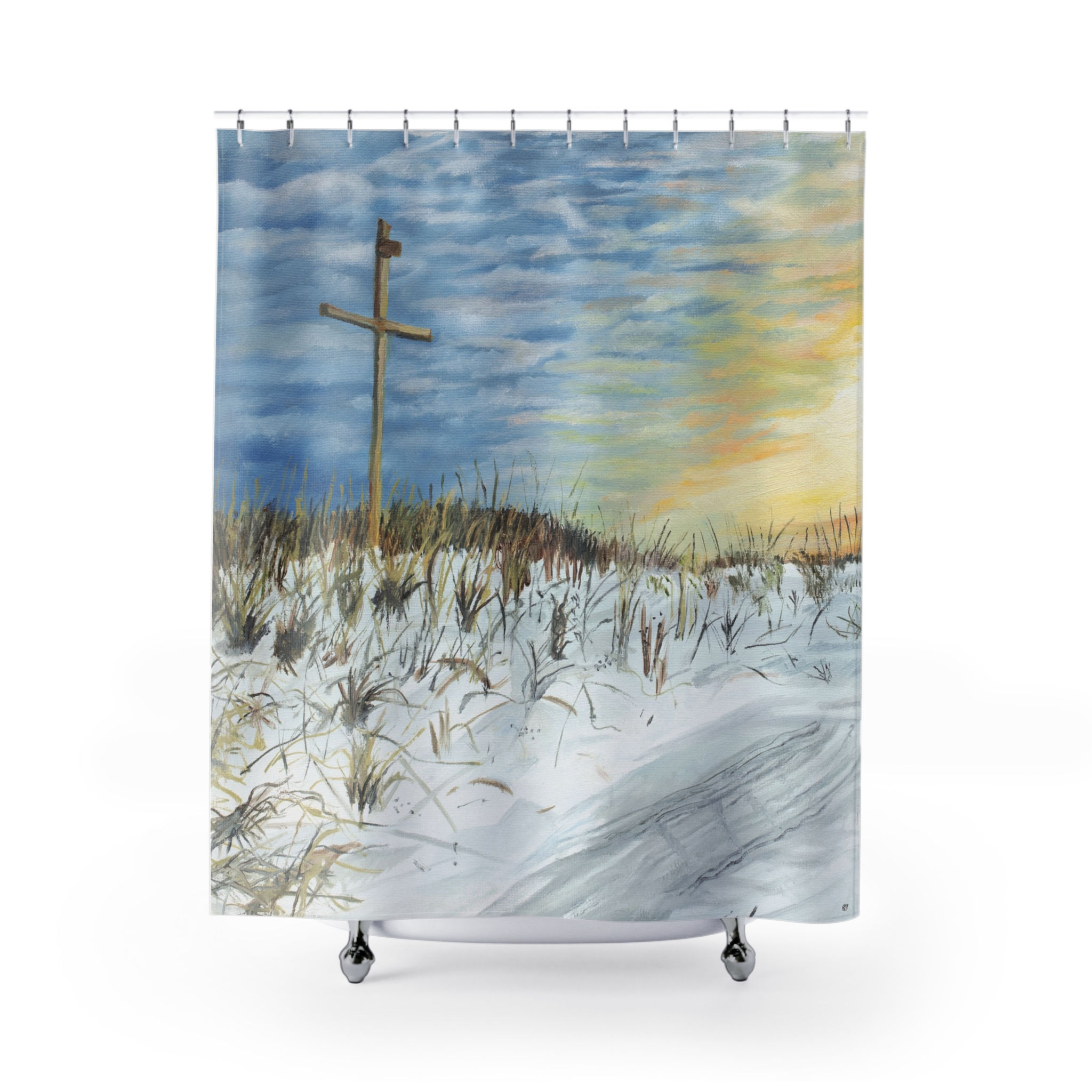 Sunset Beach Cross Tranquility Shower Curtain