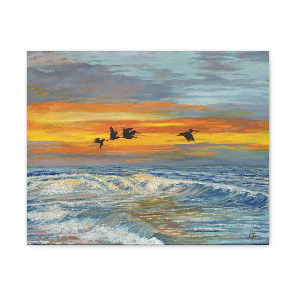 Thumbnail: Pelicans Over The Ocean Sunset Original Oil Painting Print, 0.75"