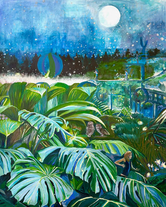 Figurative painting. Nadege Marneffe. Painting. French artist. Bird, tropical garden, narrative painting, illustration, natural setting, nature landscape, art and nature, collectible art