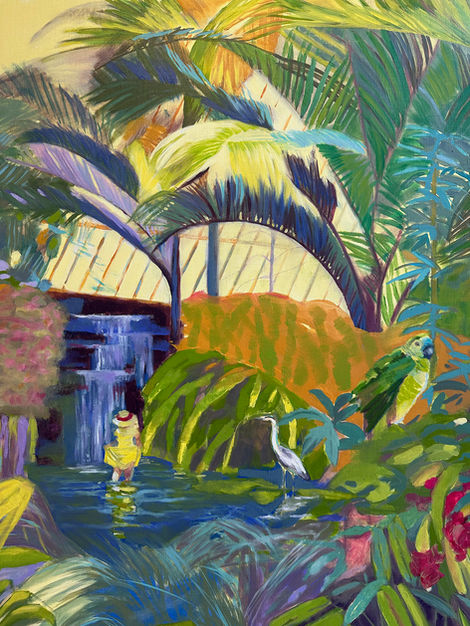 Figurative painting, botanical garden inspired by Kew Garden, contemporary painting, new figurative, narrative painting, Nadege Marneffe , French painter in London, contemporary painting, contemporary French artiste