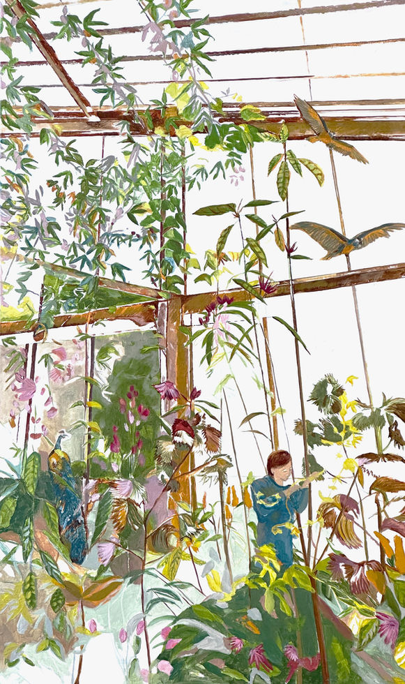 Nadège Marneffe peint des jardins, des serres tropicales, pleines d’oiseaux exotiques, de personnages perdus dans les feuillages. Sa peinture figurative exprime une poésie à la fois contemporaine et très ancienne. Inspirée par la nature, le végétal, cette artiste française utilise la couleur pour exprimer les liens du vivant, la puissante beauté du végétal. Peinture contemporaine, peinture à l’huile, peinture paysage coloré, peinture nature illustration, peintre femme, femme artiste.
