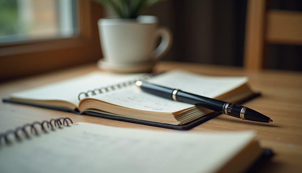 - Open notebook and pen on a desk beside a cup