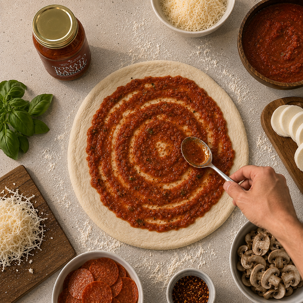 Close-up view of tomato basil marinara being spread over round pizza dough with a spoon.