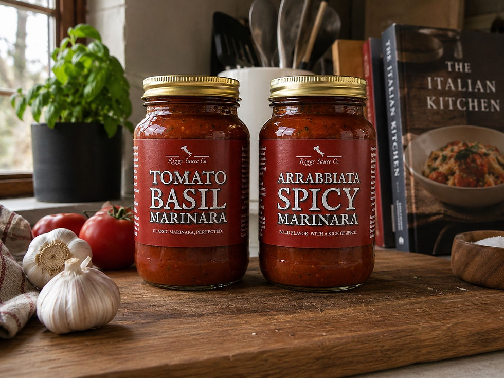 Close-up of two small bowls of tomato basil sauce and arrabbiata sauce beside fresh basil and chili flakes.
