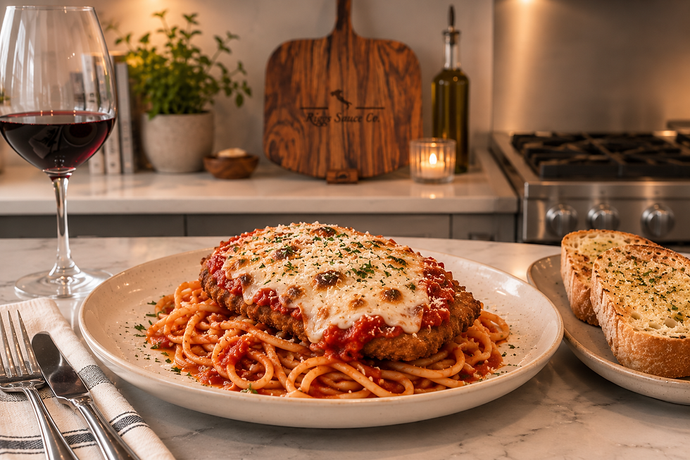 Wide-angle view of a finished chicken Parmesan dinner with spaghetti, basil, and extra sauce on the table.