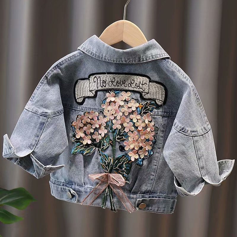 Thumbnail: Kids Denim Jackets for Girls Baby Flower Embroidery Coats Spring Autumn