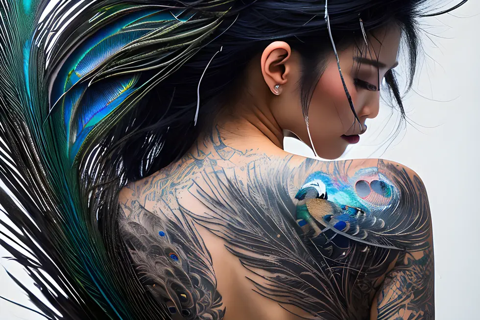ImgCreator.ai%20 Back%20view%20of%20a%20Japanese%20woman%20with%20dark-gray%20hair%20that%20looks%20like%20peacock%20feathers%2C%20bird%20tattoos%2C%20fl