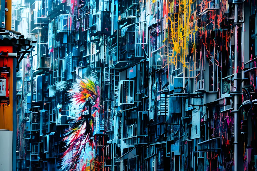 ImgCreator.ai%20 Back%20view%20of%20a%20Japanese%20woman%20spray%20painting%20cartoon%20characters%20on%20a%20wall%2C%20flowers%2C%20palm%20trees%2C%20rain