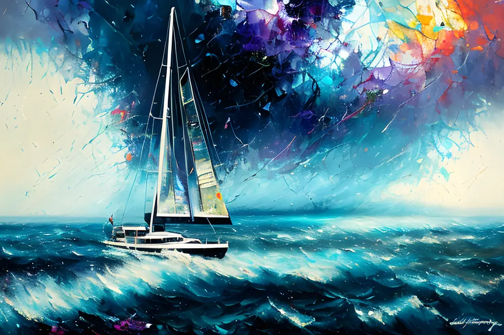 ImgCreator.ai  closeup of sailboat steering wheel, flowers, water, islands, rain clouds .w