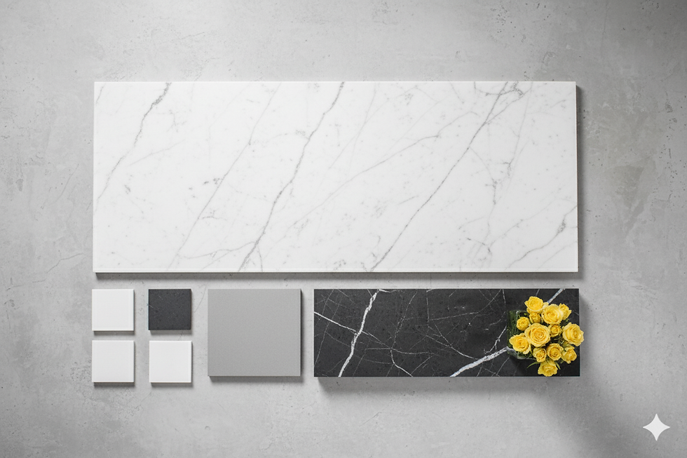 Marble tiles on a light gray surface; large white tile above small tiles in white, black, gray. Yellow roses on black tile, elegant design.