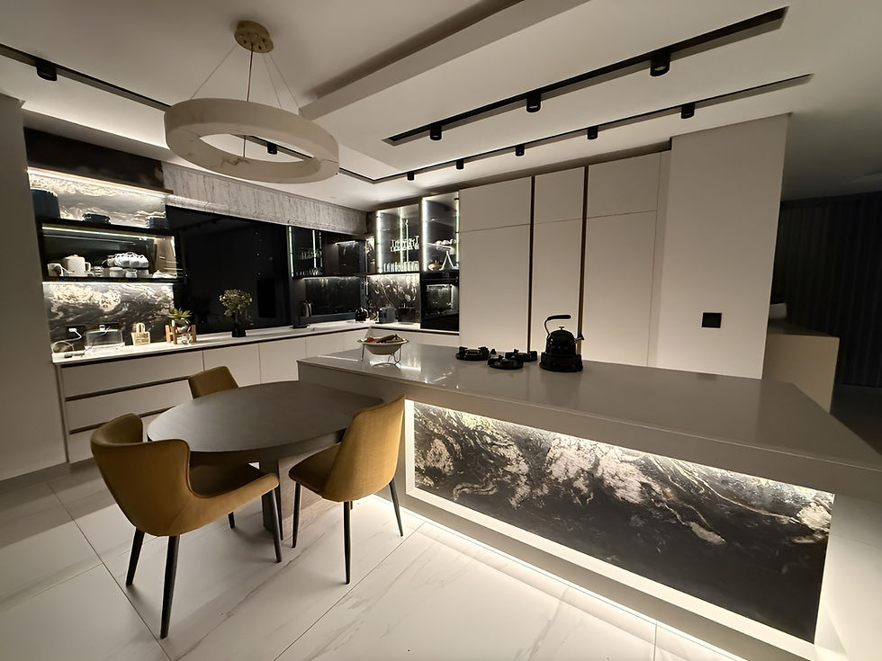 Eye-level view of an open-concept luxury kitchen with an expansive island