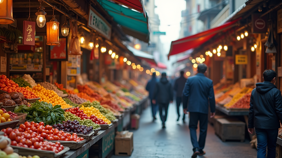 High angle view of a bustling market filled with colorful stalls