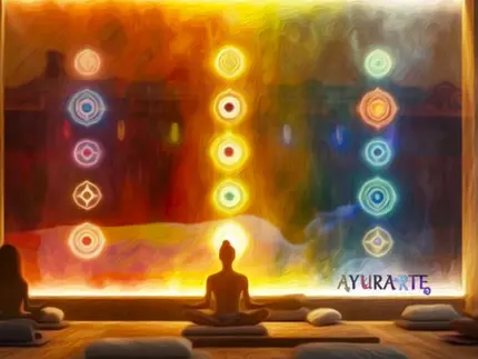 Mujeres centradas frente a imagen de cama de cristales que refiere a la terapia de sanación con cristales y alineación de CHAKRAS que ofrece Ayurarte