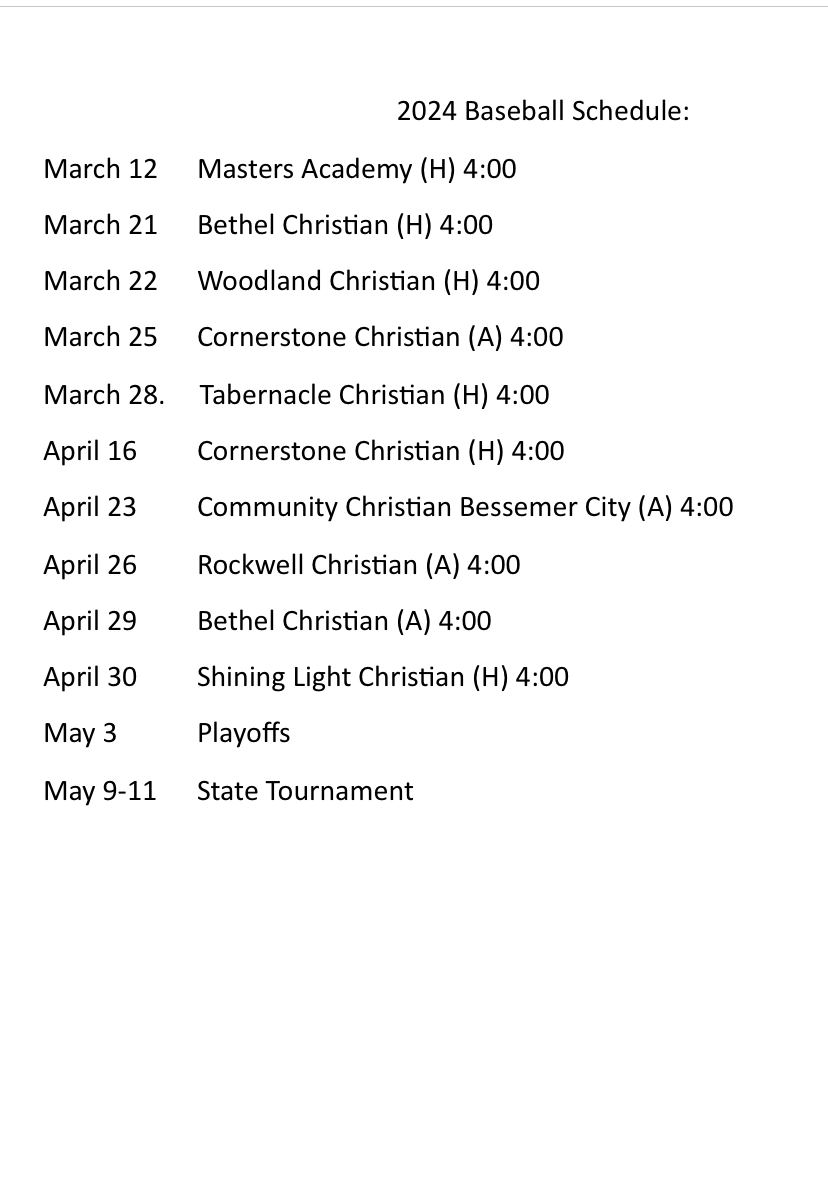 2025 NMCS Baseball Schedule