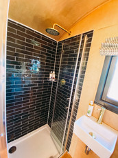 Dark tiles in Huxley’s shower