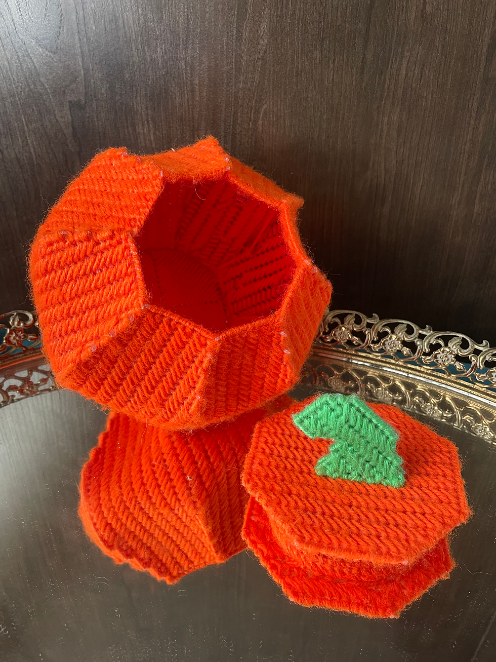 Thumbnail: Handmade Folk Art Kitchy Woven Yarn Pumpkin Container