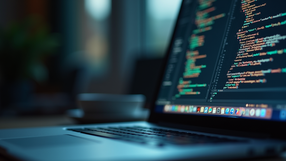 Close-up view of a laptop screen showing code and web design elements